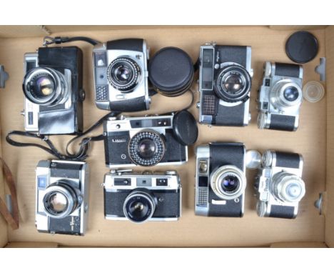 A Tray of Rangefinder Cameras, a Paxette, Super Paxette, Minolta Super 3 Circuit, Beauty Light-o-matic III, Fujica 35-EE, Voi