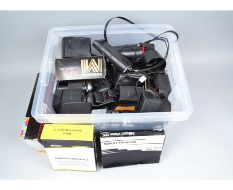 A Box of Camera Related Accessories, including Nikon View DX, Capture software, untested, Metx, Canon, Minolta flash units, l