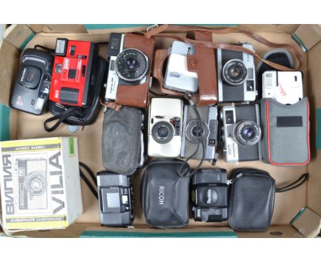 A Tray of Compact Cameras, including an Olympus 35RC, Pen, Yashica 35 ME, Ricoh FF-1s, Auto Half, untested, a BelOMO Vilai, i