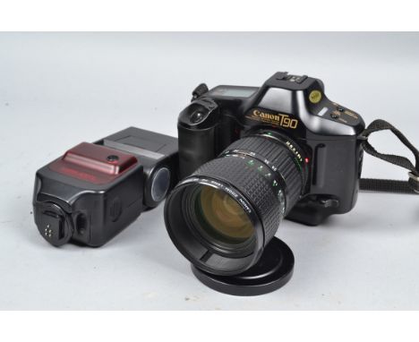 A Canon T90 SLR Camera, serial no 1 083 305, body G, shutter working, metering reacts to light, a Canon FD 28-85mm f/4 lens, 