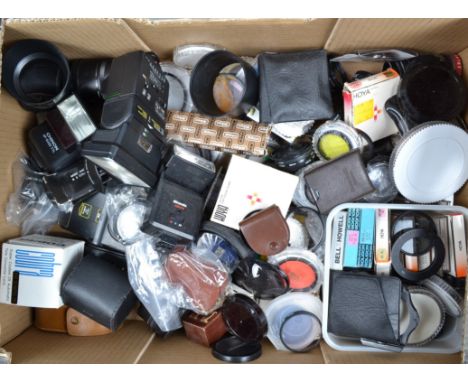 A Tray of Camera Related Accessories, including filters, flash units, light meters and other items