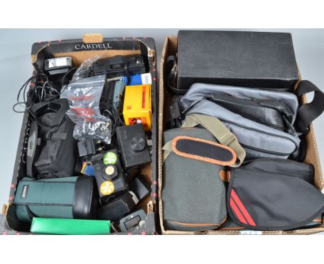 Two Trays of Camera Related Items, including a Polaroid EE-100, flash units, instamatic cameras, bags and cases