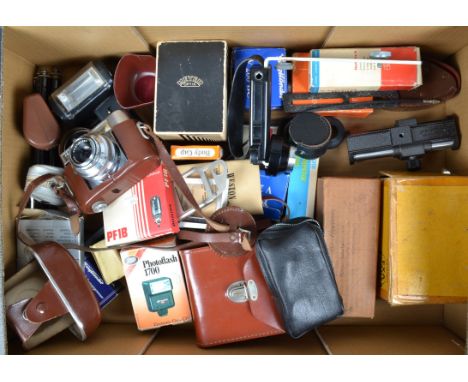 A Tray of Camera Accessories, including a Voigtländer Vitomatic II camera, flash units, tripod, macro bellows and othe items