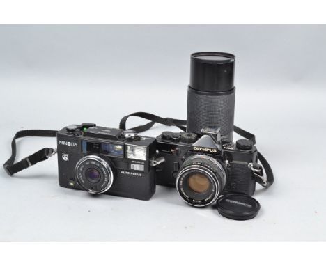 A Black Olympus OM-1 MD SLR Camera, serial no. 649515, body F, paint losses to front of baseplate, shutter working, self-time