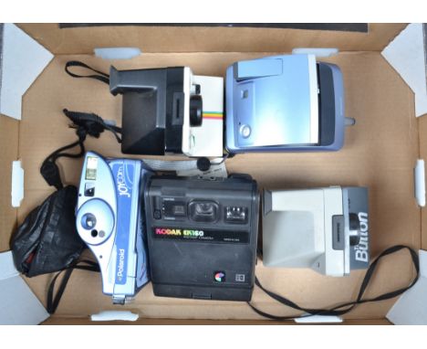 Polaroid Cameras, a Polaroid Joycam, EK160, One 600, 1000 land camera and a Button