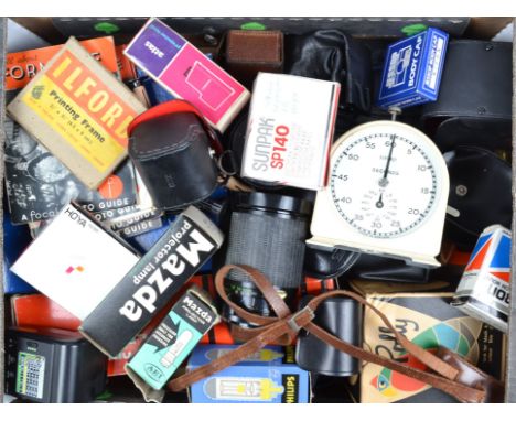 A Tray of Camera Related Items, including a Pair of Birberg binoculars, an Ilford darkroom timer, compacts, filters, lenses a