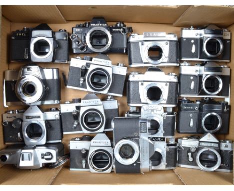 A Tray of Praktica and Other SLR Camera Bodies, including 4 Praktica bodies, 4 Ihagee Exa bodies, 3 Zenit bodies and other bo