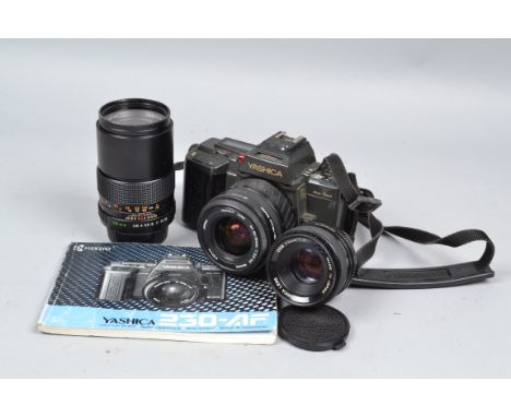 A Kyocera Yashica AF-230 SLR Camera Outfit, body F, some heavy wear around hot shoe, shutter working, meter reacts to light, 