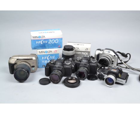 Minolta Cameras, two Minolta 110 Mark II Zoom SLR, with 25-67mm f/3.5 zoom Rokkor macro lens, 110 zoom SLR, Vectis 200, S-1  