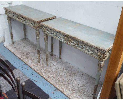CONSOLE TABLES, a pair, in distressed painted finish with ornately carved frieze on turned supports, 112cm x 43cm x 86cm H. (