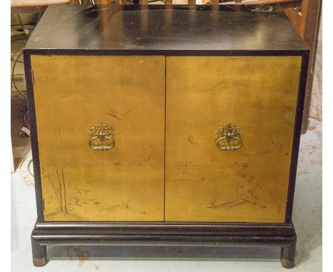 CHINESE CABINET, black lacquer, gilt and Chinoiserie hand painted with two doors enclosing adjustable shelf, 84cm x 48cm x 78