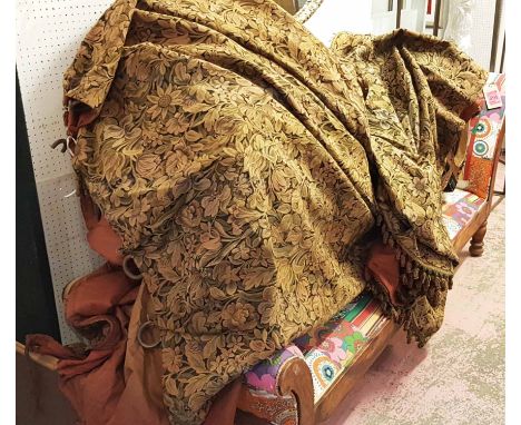 CURTAINS, three, antique style tapestry design, approx each 120cm W gathered x 317cm drop. (3) (with faults)