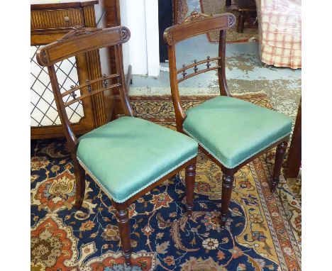 SIX WILLIAM IV DINING CHAIRS, rosewood, bobbin turned back, carved detail, stuffover seats  with turned supports. (6) (with f