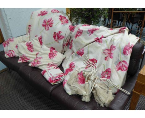 CURTAINS, two pairs, lined pink floral fabric from Manuel Canovas and four associated cushions and tassels, 130cm x 233cm dro