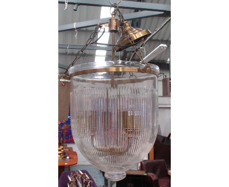 CEILING LIGHT, with three branch cut glass within a brass frame, 60cm H plus chain.