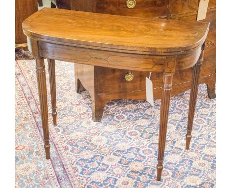 CARD TABLE, George III mahogany D shaped foldover baize lined with ebony inlaid frieze and slender turned and reeded tapering