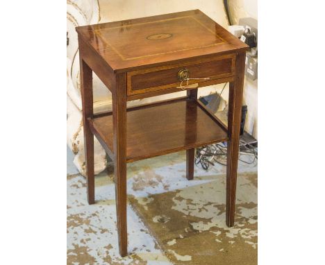BEDSIDE/LAMP TABLES, a pair, George III design mahogany and satinwood crossbanded each with frieze drawers and undertier, 39c