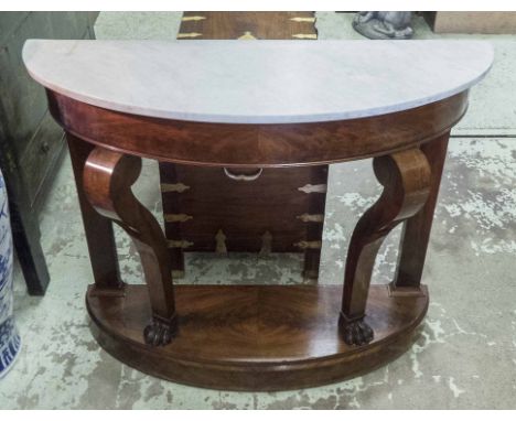 CONSOLE TABLE, 19th century French Napoleon III flame mahogany of slender bowfront form with marble top above cabriole suppor