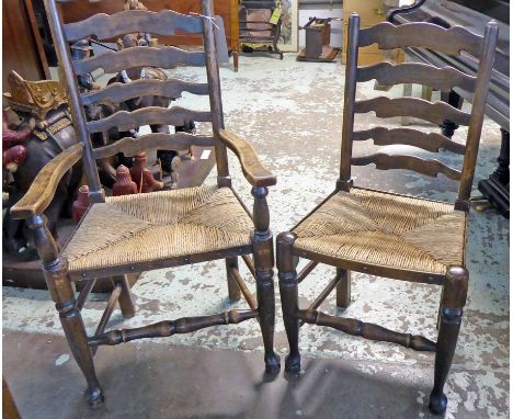 FARMHOUSE CHAIRS, a set of eight, stained beech in Lancashire style, each with a ladder back and a rush seat, (8) (including 