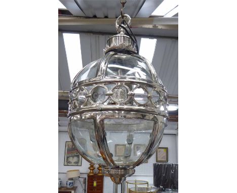 LANTERN, globe type in chromed metal frame, 50cm H plus chain. 