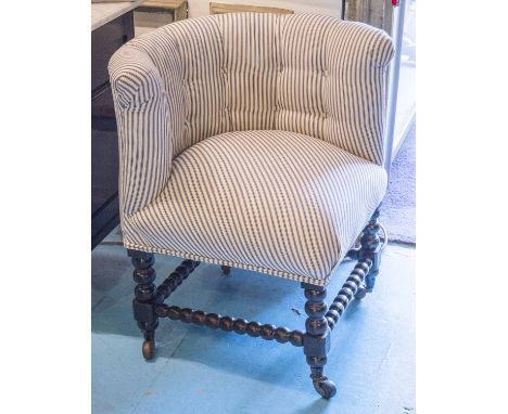 CORNER CHAIR, Victorian ebonised oak in ticking on bobbin turned legs and castors, 69cm W.