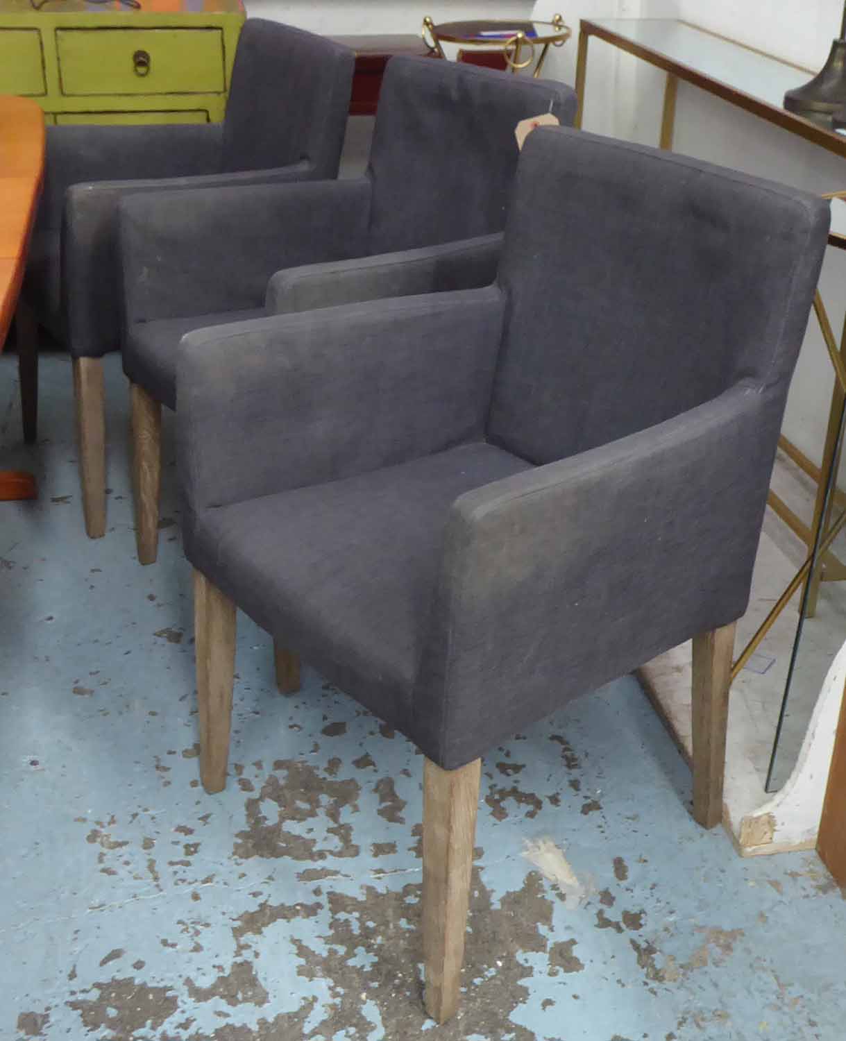 OKA DINING CHAIRS, a set of six, grey upholstered with arms, 60cm W. (6