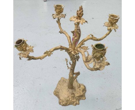 TABLE CANDELABRUM, vintage 20th century foliate design gilt metal finish, 50cm H. (with slight faults)