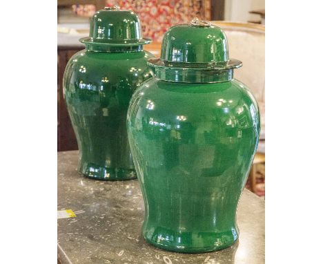 TEMPLE JARS, a pair, Chinese jade green ceramic of ginger jar form, 45cm H. (2)