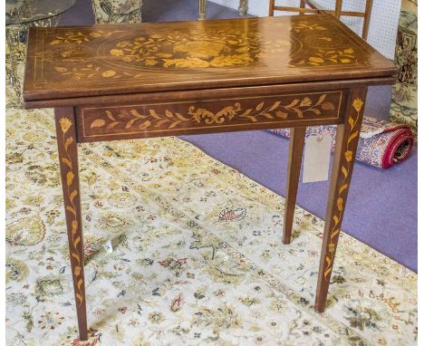 CARD TABLE, 19th century Dutch mahogany and satinwood foliate marquetry with foldover baize lined top, 86cm W x 78cm H x 43cm