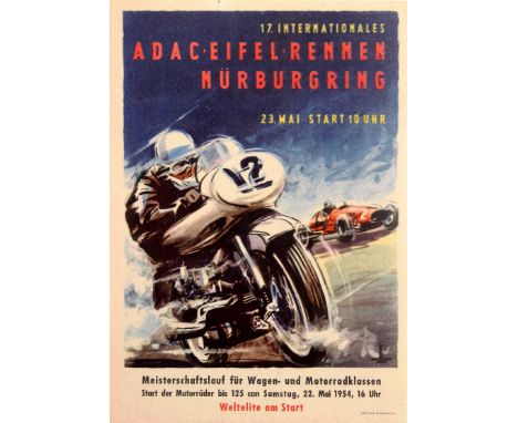 Original vintage sport poster in German for the 17th International ADAC Eifelrennen Championship Race for Cars and Motorbikes