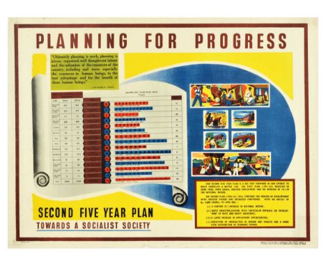 Original vintage propaganda poster Planning for Progress - Second Five Year Plan Towards a Socialist Society featuring an ill