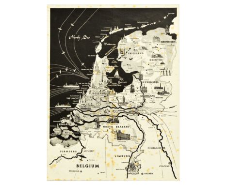 Original vintage advertising poster for Radio Nederland featuring a map of the Netherlands marking Rotterdam, The Hague, Amst