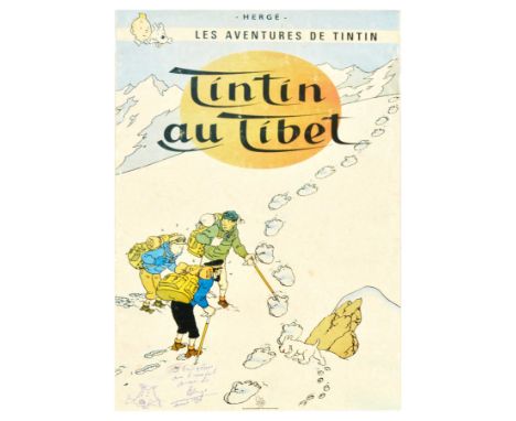 Hand signed by Herge in pen original vintage advertising poster for Les Adventures de Tintin. Tintin au Tibet / The Adventure