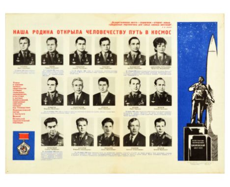 Original vintage Soviet propaganda poster - Our homeland opened the way to space for mankind - with photographs of Soviet cos