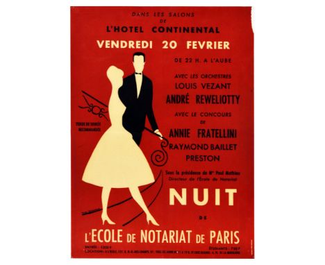 Original vintage advertising poster for l'Ecole de Notariat de Paris Night ball held in the lounges of the Continental hotel 