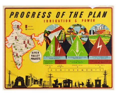 Original vintage propaganda poster Progress of the Plan Irrigation &amp; Power featuring a map of India marking power project