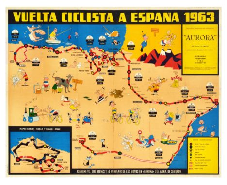 Original vintage illustrated map poster for the Vuelta Ciclista A Espana 1963 showing the cycling route of the 1963 Tour of S