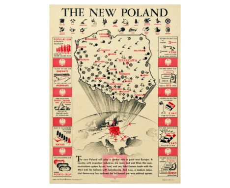 Original vintage propaganda poster  prited in the USA: The New Poland.  Design featuring a map of Poland indicating various i