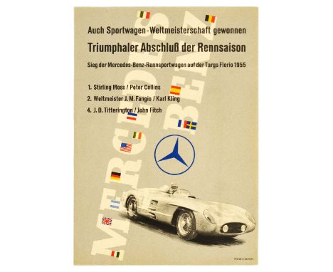 Original vintage Mercedes Benz poster published to celebrate the wins of its drivers during the 1955 season - Auch Sportwagen