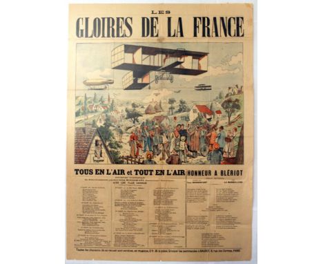 Original vintage double-sided propaganda poster with songs glorifying France's achievements in aeronautics, honour to Bleriot