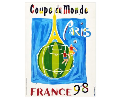 Original vintage sport poster Coupe du Monde France 98 / 1998 FIFA World Cup Paris, featuring a bright design of an Eiffel to