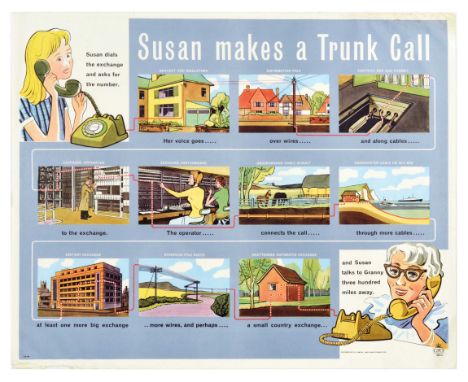 Original vintage advertising poster by GPO Post Office - Susan makes a Trunk Call - featuring an illustration showing the rou