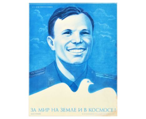 Original vintage Soviet propaganda poster - For peace on earth and in space! - featuring a smiling image of the Air Force pil