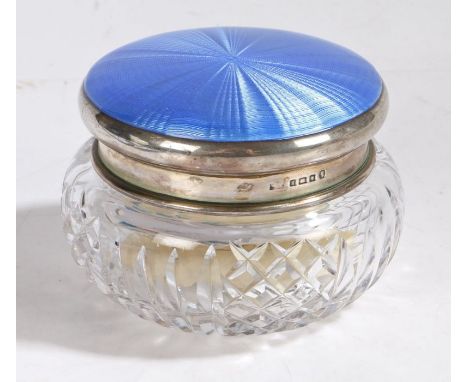George V silver powder bowl, London 1935, makers mark rubbed, the domed silver lid with sky blue engine turned enamel decorat