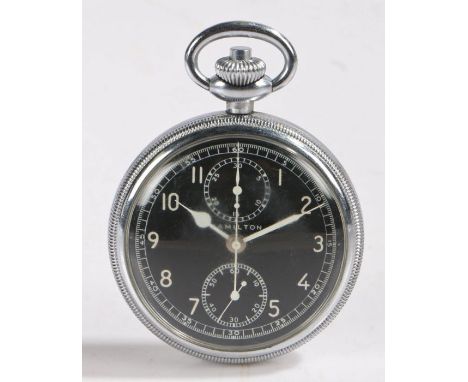 Hamilton push-button chronograph nickel cased lever pocket watch, signed model 23 19 jewel movement, adjusted to temperature 