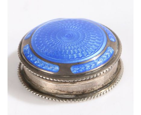 Edward VII silver and blue enamel dressing table pot, Birmingham 1902, maker W H Tandy &amp; Sons, the domed circular lid wit