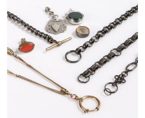 Pocket watch accessories, to include four steel pocket watch chains, gilt metal pocket watch chain, gilt fob seal, silver fob