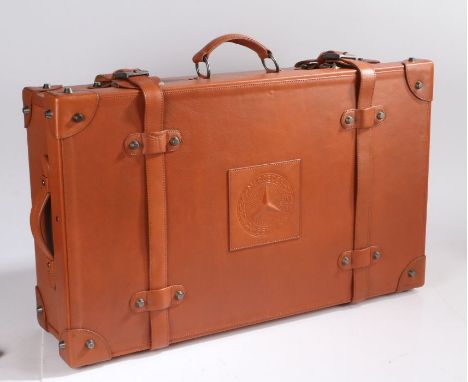 Mercedes Benz "Cognac" brown leather suitcase, the lid with embossed Mercedes Benz logo, the lining recreating the original u