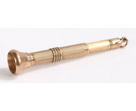 9 carat gold cigar piercer, the engine turned body with flared terminal and sprung mechanism, 8cm long, total weight 11.6g