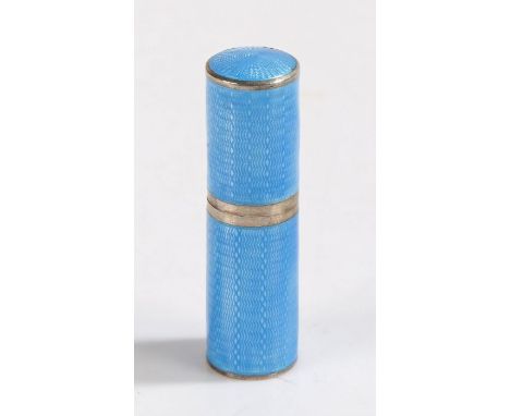 Continental silver and blue enamel perfume bottle holder, the sky blue engine turned exterior with screw cap opening to revea